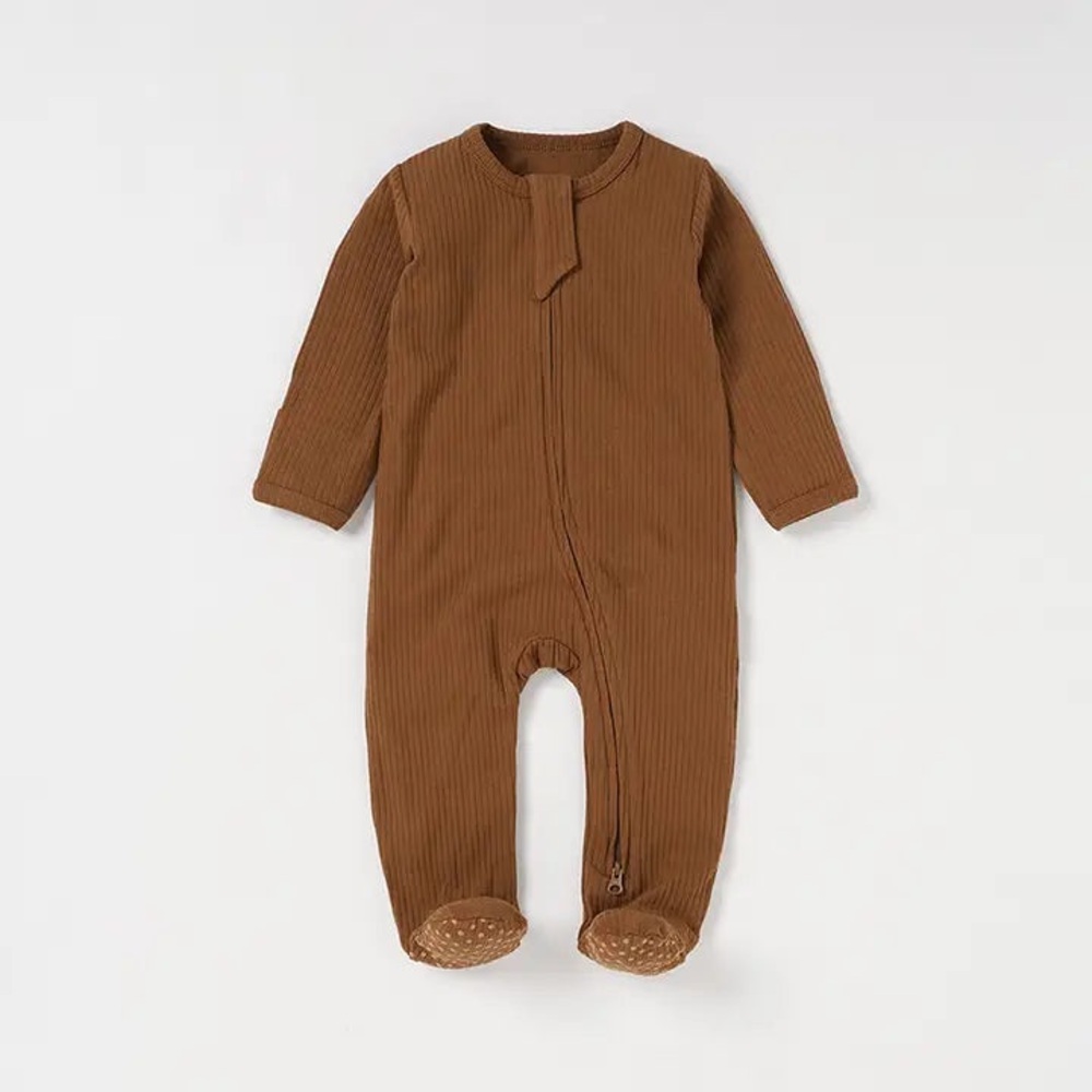 Boho + Babe organic cotton ribbed zip footie / size 0-3 / rust orange brown
